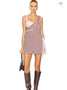 NWT WeworeWhat Basic Short Overalls in Gingham Plum and Ivory Multi Sz S